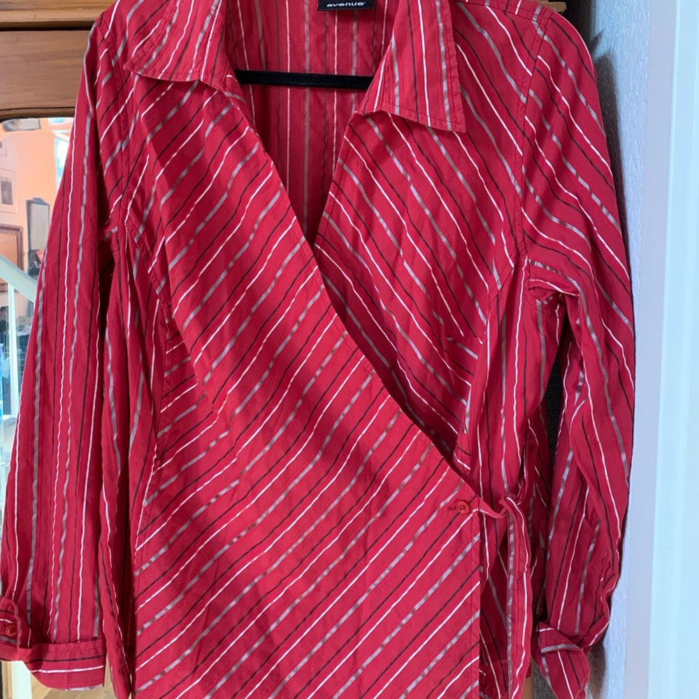 Avenue Red, White and Blue Striped Wrap Blouse